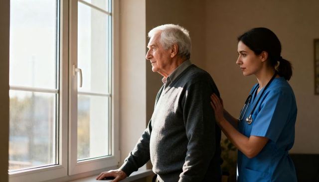 Compassionate nurse supporting elderly man gazing out window during serene home care visit