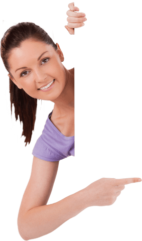 cheerful woman pointing around transparent card corner - Download Free Stock Videos Pikwizard.com