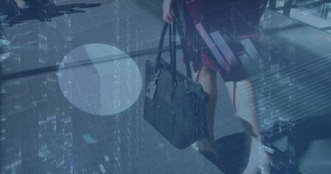 Data Overlays Businesswoman Walking in Modern Business District