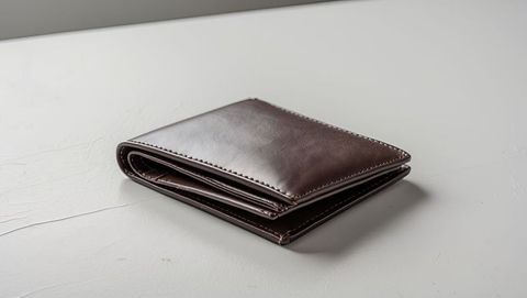 Elegant brown leather wallet on white table reflecting financial struggles