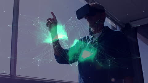Man in Virtual Reality Headset Interacting with Digital Interface