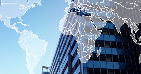 Global Business Concept with World Map Overlay on Cityscape - Download Free Stock Images Pikwizard.com