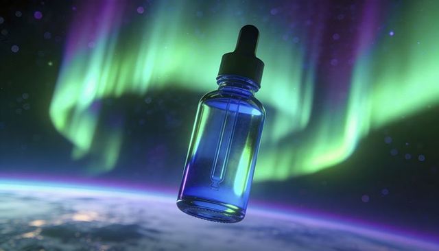 Floating blue dropper bottle hovering above earth with glowing aurora borealis