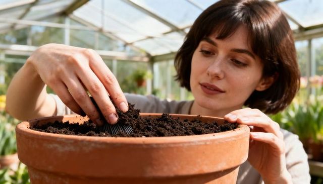 Woman spreading potting soil in terracotta pot in sunlit greenhouse