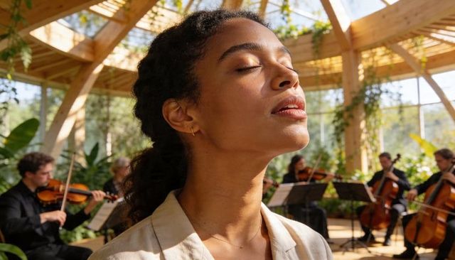 Woman basking in sunlight in wooden conservatory while string quartet performing nearby