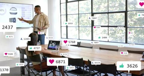 Presenting vr product demo with social media engagement overlays in modern meeting room