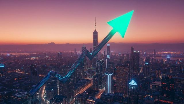 Neon green arrow illustrating market growth over urban skyline at dusk