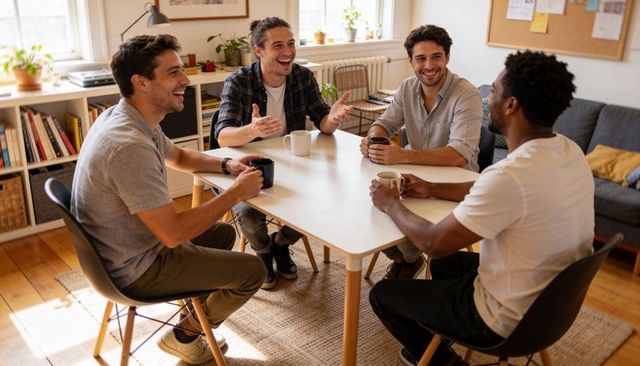 Four friends laughing and chatting over coffee around table in cozy sunlit living room