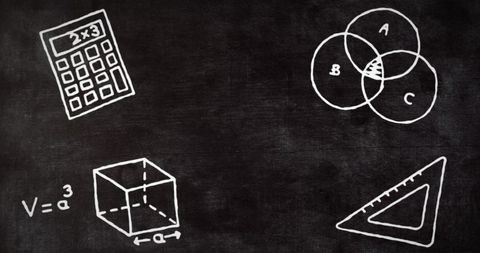 Math concept icons on blackboard chalk background