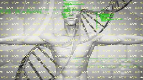 Futuristic DNA Strand with Data Network Overlay