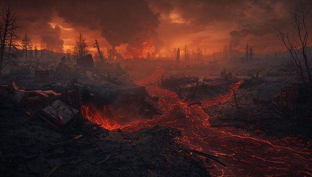 Flowing lava in desolate landscape at dusk