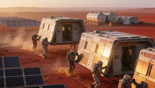 Astronauts pushing modular habitat units on mars at sunset with solar arrays and dust
