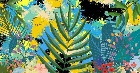 Vibrant Floral Pattern with Tropical Leaves and Colorful Blots - Download Free Stock Images Pikwizard.com
