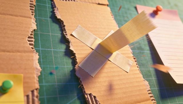 Craft workspace showing torn corrugated cardboard strip with crossed beige tape, closeup