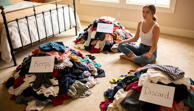 Woman sorting closet into keep, donate, discard piles while decluttering wardrobe in bedroom