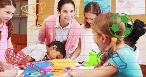 Teacher guiding elementary students creating crafts and collaborating on classroom projects