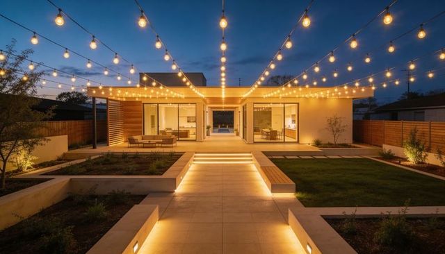Glowing modern courtyard featuring string lights and illuminated pathway at dusk