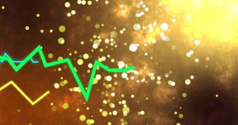 Green jagged financial chart cutting through golden bokeh glow with yellow trendline