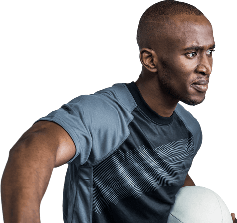Focused Athlete Holding Rugby Ball, Transparent Background