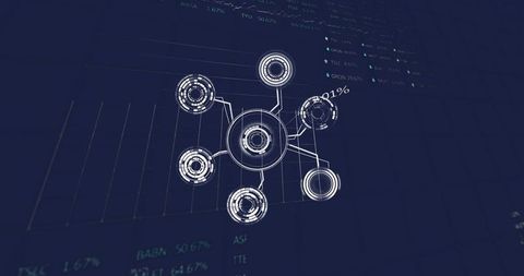 Displaying holographic network hub with six connected nodes on navy digital dashboard