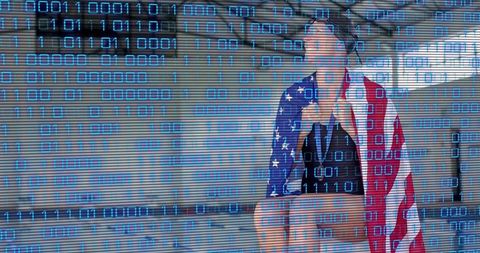 Woman wrapping herself in american flag sitting on concrete step with binary code overlay