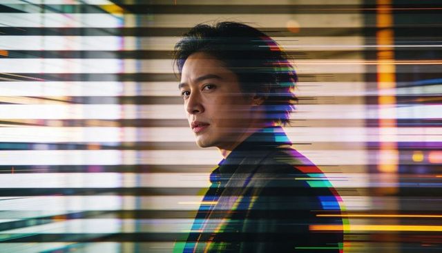Cinematic asian man gazing through window slats with neon glitch motion