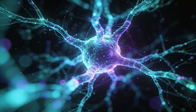 Neon neuron glowing, radiating dendrites and pulsing synapses in neural network visualization