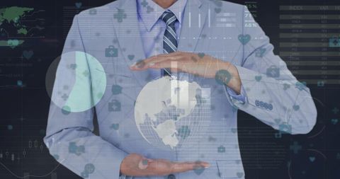 Businessman Strategically Holding Digital Globe with Global Analytics - Download Free Stock Images Pikwizard.com