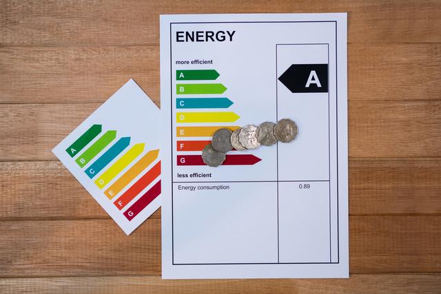 Energy rating chart with coins on wooden table, illustrating energy efficiency and financial savings. Useful for articles on energy conservation, home improvement, and cost-saving tips.