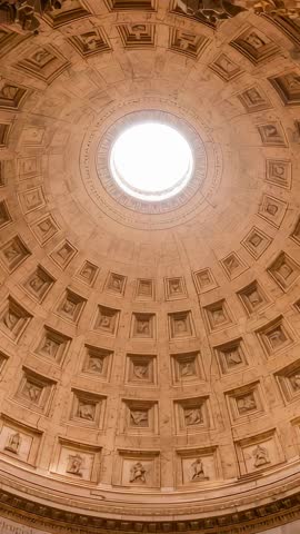 Vertical video capturing Pantheon coffered dome, central oculus, classical reliefs, symmetry