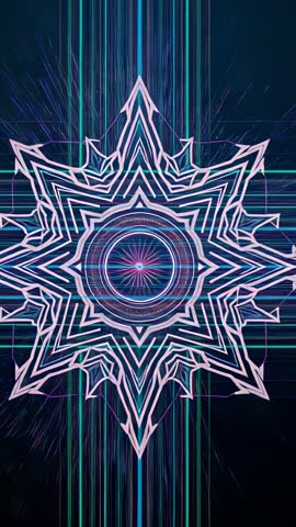 Vertical neon mandala star pulsing on digital grid with glowing circle and sci-fi lines