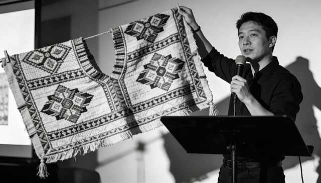 Asian presenter holding woven geometric tapestry at podium speaking into microphone