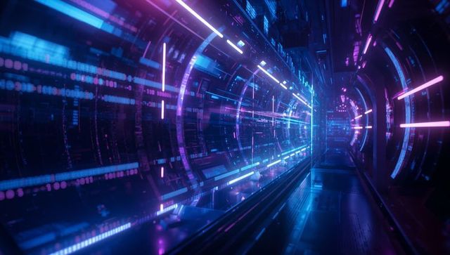 Futuristic Neon-Lit Cyber Tunnel with Digital Code