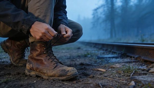 Crouching hiker tying muddy boots beside foggy railroad tracks in forest