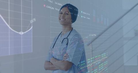 Confident nurse standing arms-crossed in scrubs with stethoscope and analytics overlays