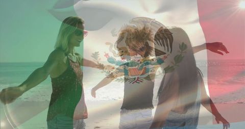 Friends celebrating summer on mexican coast, beach fun with flag overlay and sunglasses