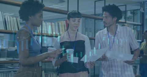 Collaborating over documents and metrics in modern office with diverse team and data overlay