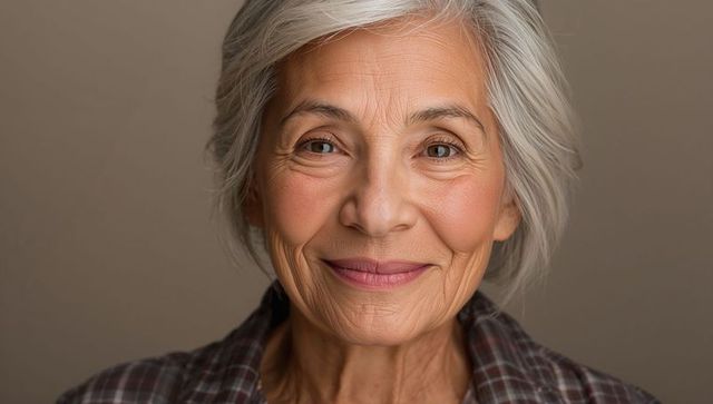 Smiling senior woman with gray hair and brown eyes showcasing gentle smile and wrinkles