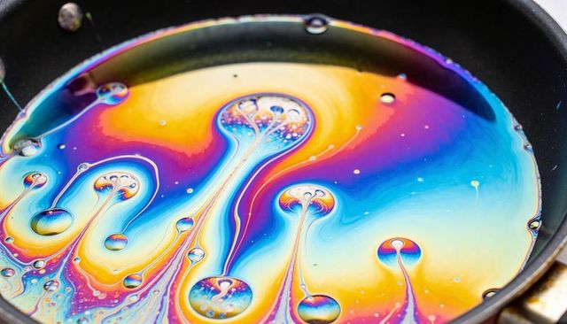 Iridescent rainbow oil film creating marbled prismatic bubbles in frying pan glossy macro