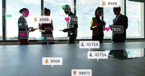 Office colleagues engaging with social media concepts