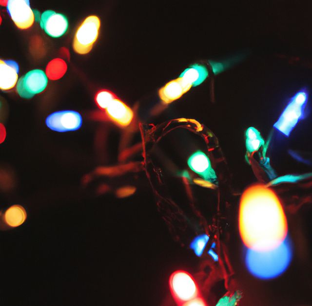 Christmas lights twinkling in the dark, offering a festive feel. Use for holiday seasons, celebrations, Christmas party invitations, festive promotions, or decorating ideas.