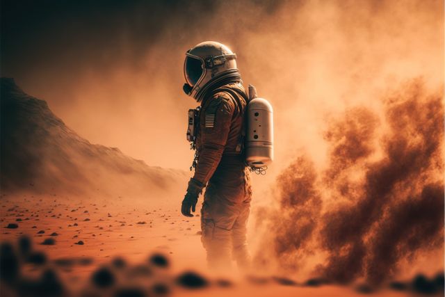 Astronaut on Mars walks through intense sandstorm. Perfect for illustrations related to space exploration, sci-fi themes, or technology advancements in space travel.