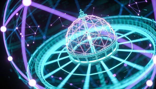 Neon geodesic dome hovering over futuristic holographic platform with pulsing nodes