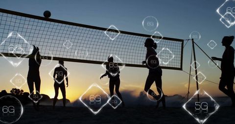 Beach Volleyball at Sunset with Digital Connectivity Overlay