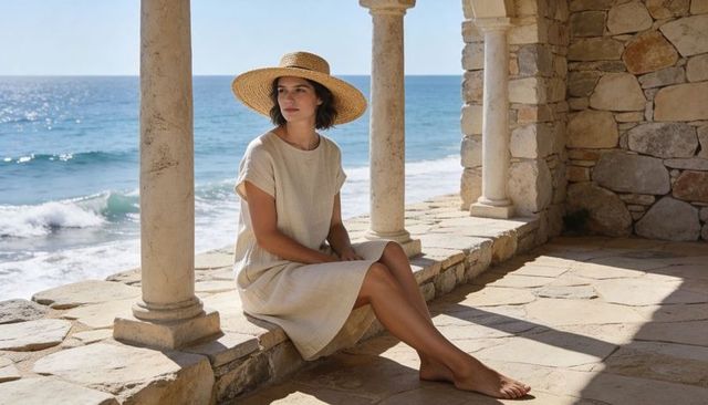Sitting woman wearing straw hat on sunlit coastal terrace with stone arches