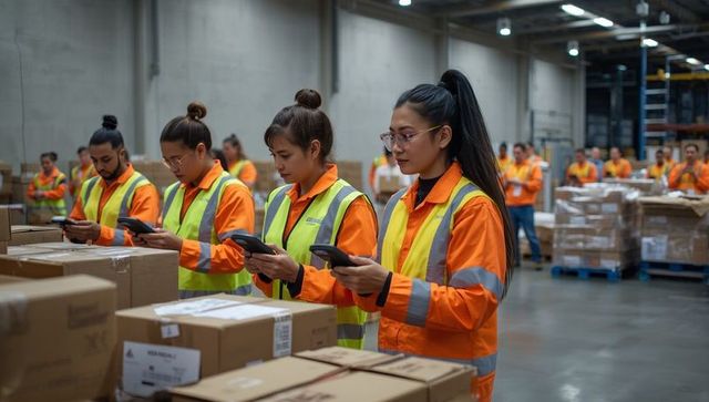 Warehouse team scanning boxes with handheld devices in high visibility vests