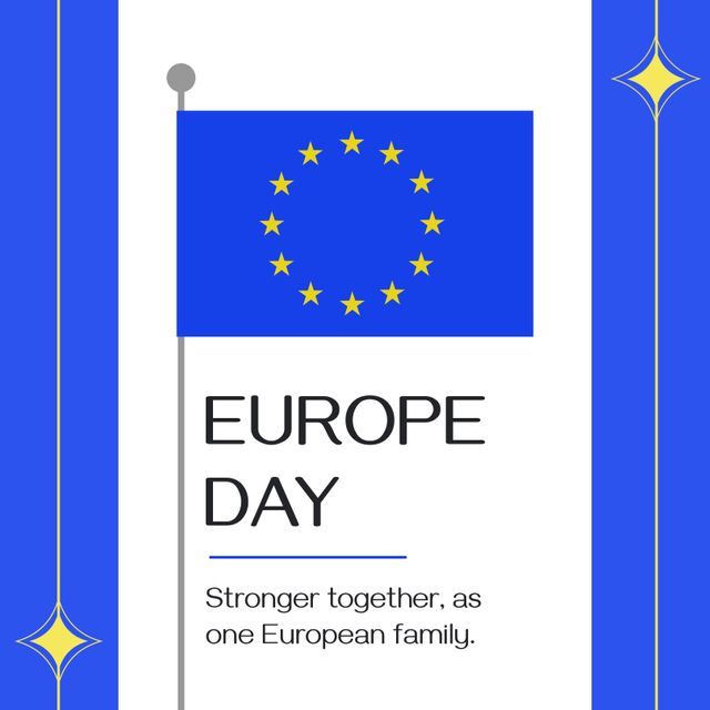 Graphic representing Europe Day with bold EU flag and message of unity. Ideal for use in campaigns promoting European solidarity, educational materials on European Union history, social media posts celebrating European identity, and digital or print content highlighting international cooperation and festivity within the EU.