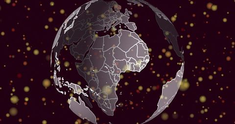 Digital globe with overlay of red dots on black background