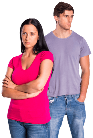 Transparent couple arguing standing back to back