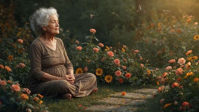 Senior woman meditating barefoot among rose beds on sunlit stone path in peaceful garden